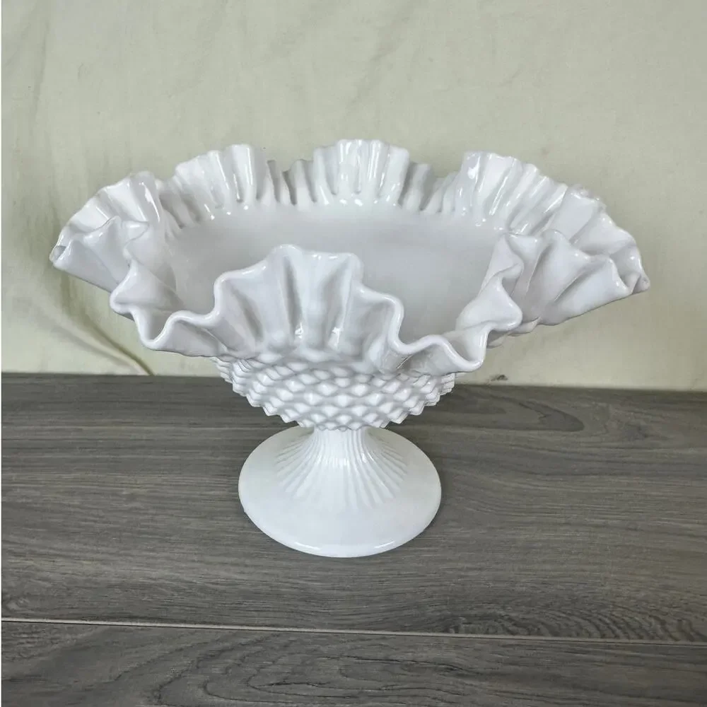 Vintage Fenton White Milk Glass Hobnail Footed Compote Bowl Ruffled Edge